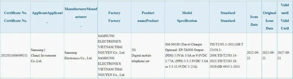 Samsung Galaxy S23 Ultra 3C fast charge