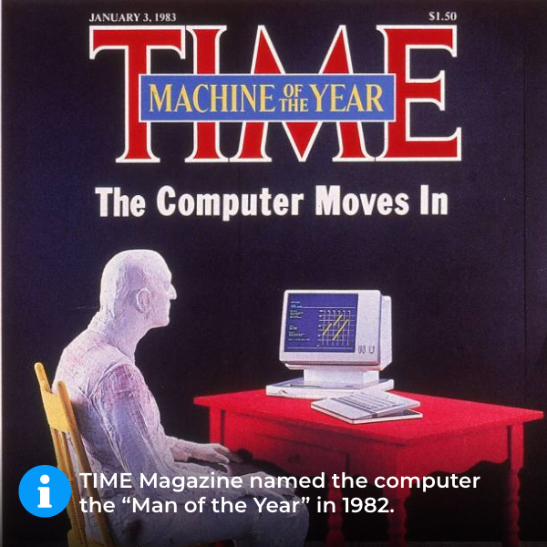 1982 The December issue of Times magazine proclaimed the personal computer as the "Man of the Year"