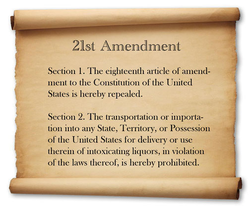 1933 Twenty-first Amendment to U.S. Constitution comes into effect