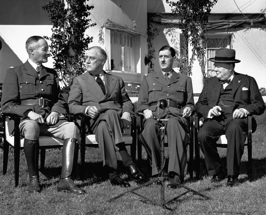 1943 Churchill, Roosevelt, and de Gaulle meet in Casablanca to discuss their WWII strategy