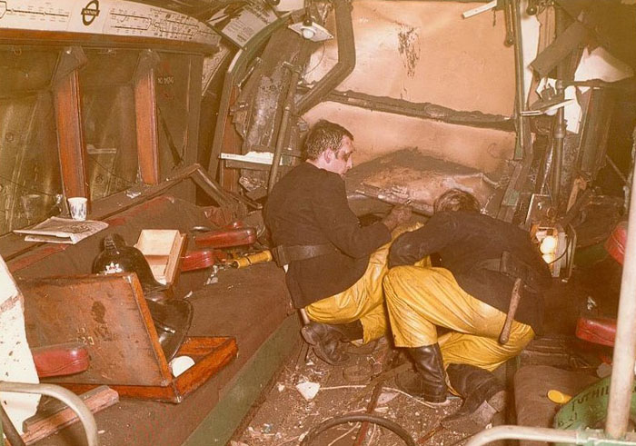 1975 A London underground train crashes into the end of the tunnel at Moorgate station