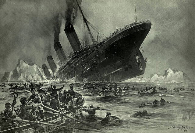 1912 Doomed passenger liner RMS Titanic hits an iceberg in the North Atlantic