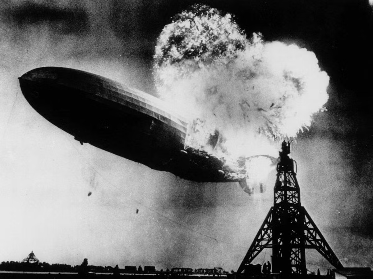 1937 The Hindenburg zeppelin filled with hydrogen goes up in flames
