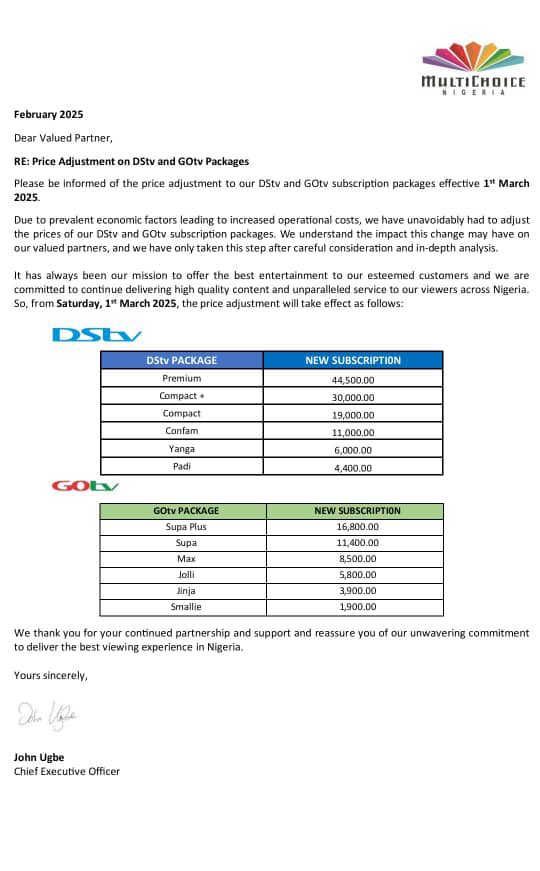 MultiChoice Nigeria to Raise DStv and GOtv Subscription Fees Starting March 1